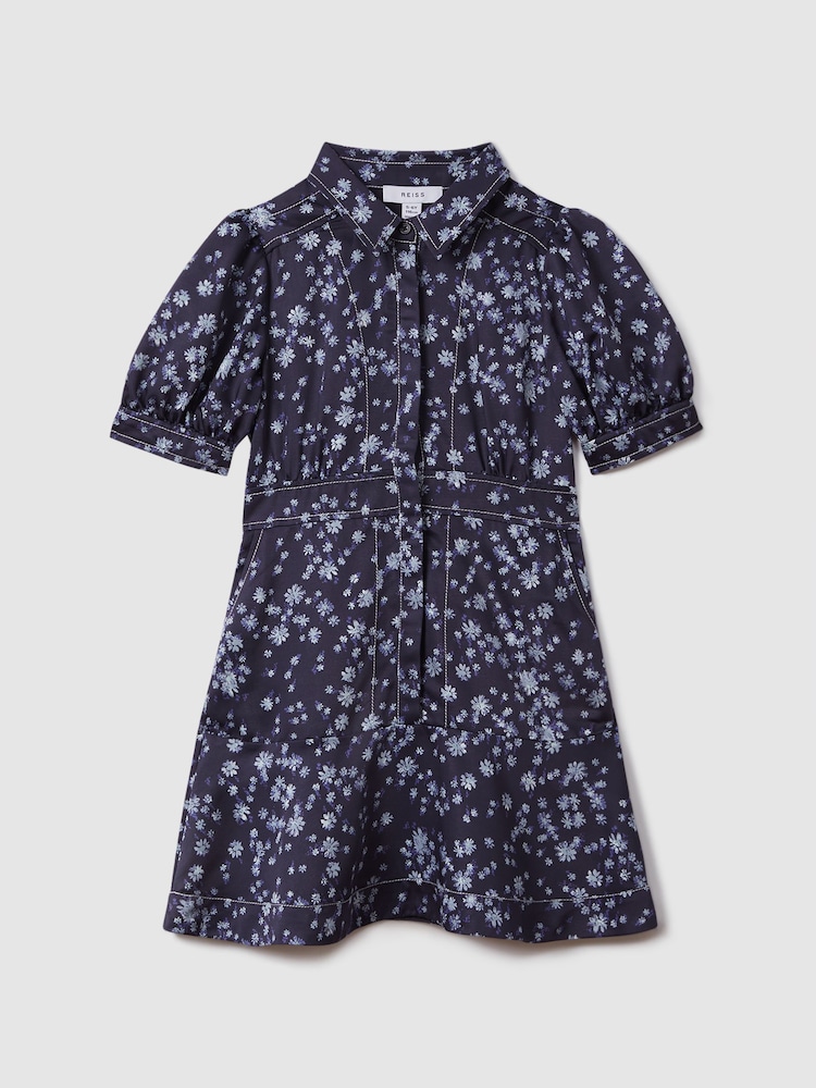 Reiss Navy Print Joanne 13-14 yrs Printed Puff Sleeve Dress - Image 1 of 6