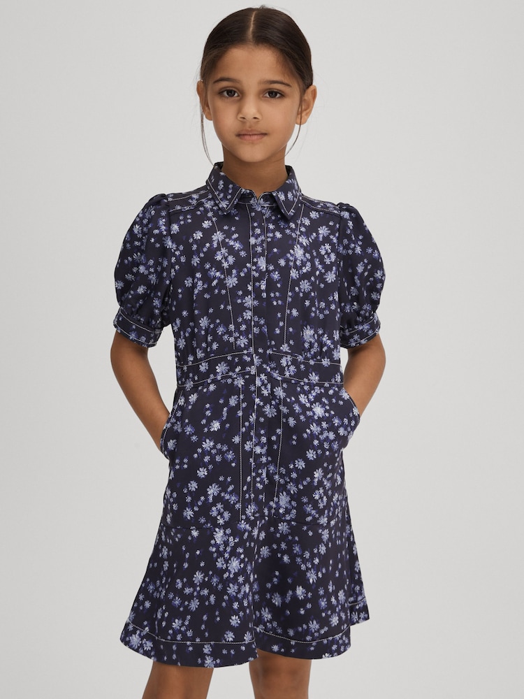 Reiss Navy Print Joanne 4-9 yrs Printed Puff Sleeve Dress - Image 1 of 6