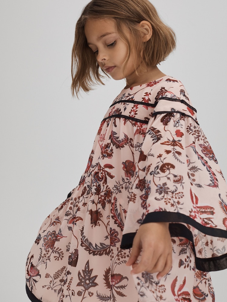 Reiss Pink Talitha 4-9 yrs Printed Bell Sleeve Tiered Dress - Image 1 of 6
