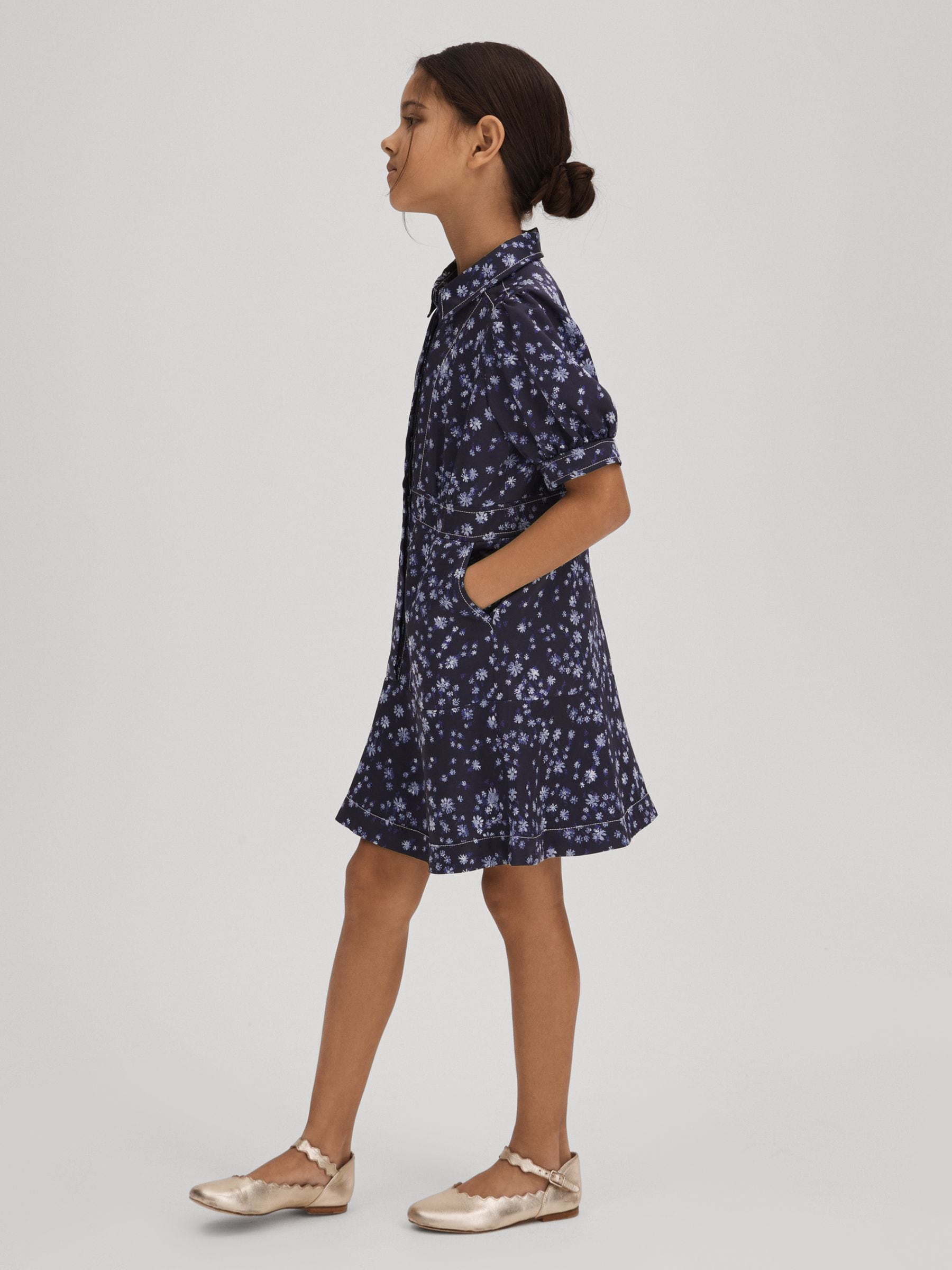 Shop Reiss Navy Print Joanne 9-13 Yrs Printed Puff Sleeve Dress