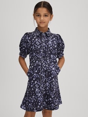 Reiss Navy Print Joanne 9-13 yrs Printed Puff Sleeve Dress - Image 3 of 6