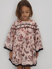 Reiss Pink Talitha Teen Printed Bell Sleeve Tiered Dress - Image 1 of 6
