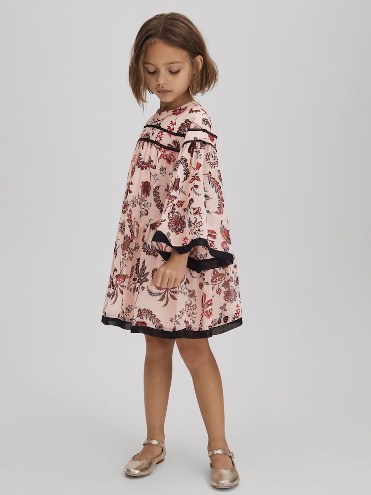 Reiss Pink Talitha 9-13 yrs Printed Bell Sleeve Tiered Dress - Image 1 of 6