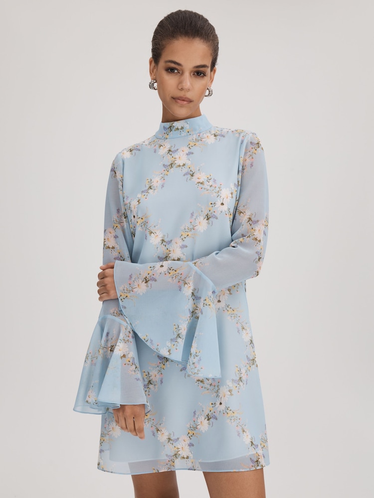 Florere Printed Fluted Sleeve Mini Dress - Image 1 of 6