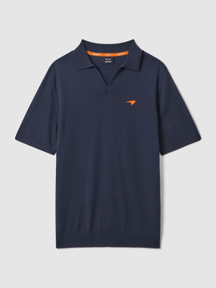 Reiss x McLaren F1 Team Airforce Blue McLaren F1 Merino Wool Open Collar Polo Shirt - Image 2 of 6
