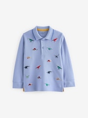 Blue Dinosaurs Long Sleeve Quarter Zip 100% Cotton All-Over Embroidered Polo Shirt (3mths-7yrs) - Image 1 of 3