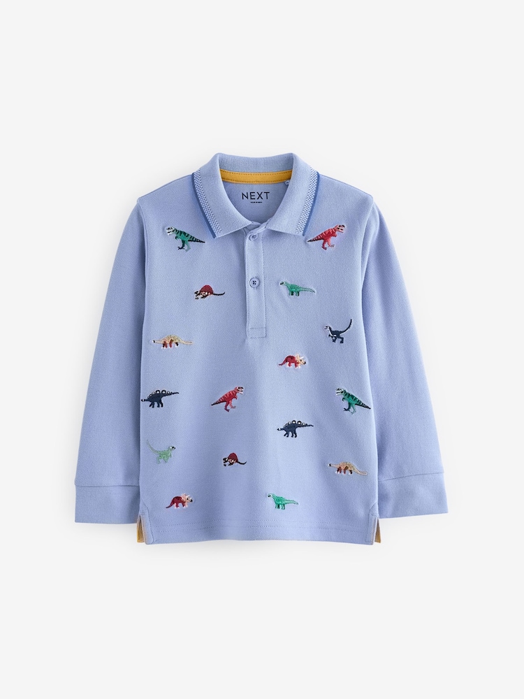Blue Dinosaurs Long Sleeve Quarter Zip 100% Cotton All-Over Embroidered Polo Shirt (3mths-7yrs) - Image 1 of 3