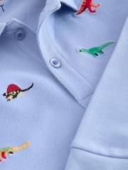 Blue Dinosaurs Long Sleeve Quarter Zip 100% Cotton All-Over Embroidered Polo Shirt (3mths-7yrs) - Image 3 of 3