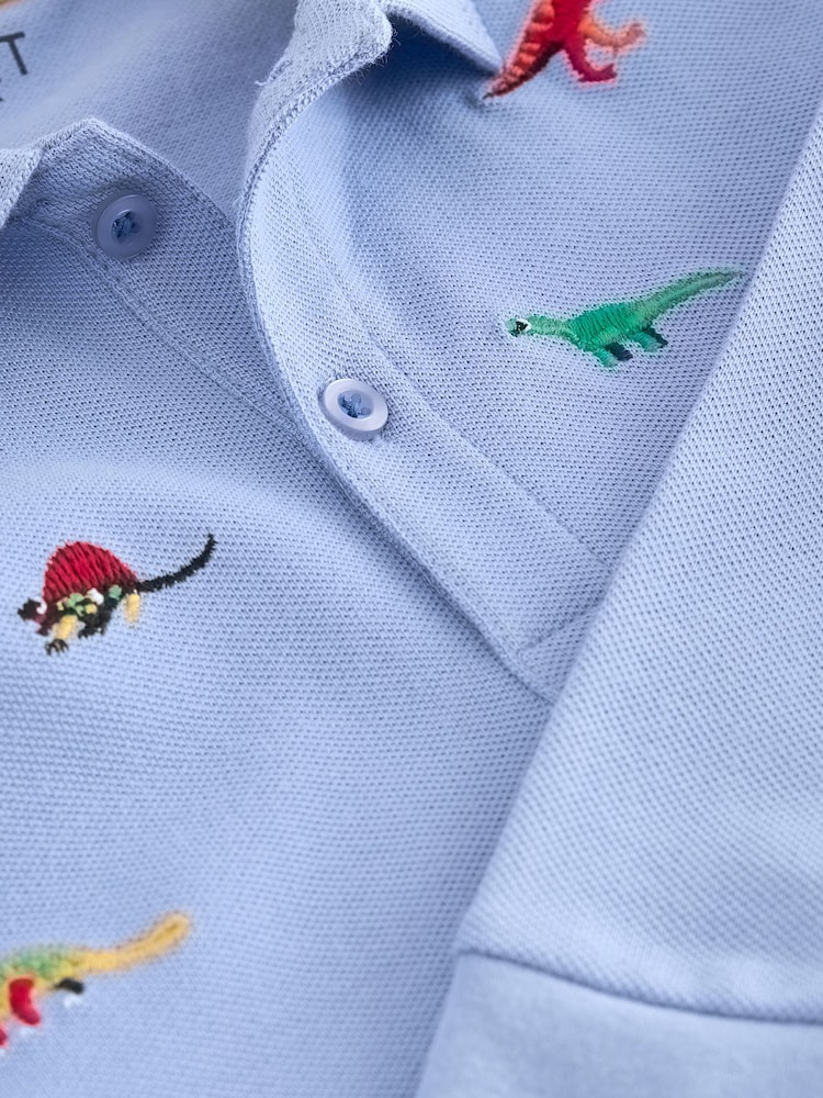 Blue Dinosaurs Long Sleeve Quarter Zip 100% Cotton All-Over Embroidered Polo Shirt (3mths-7yrs) - Image 3 of 3