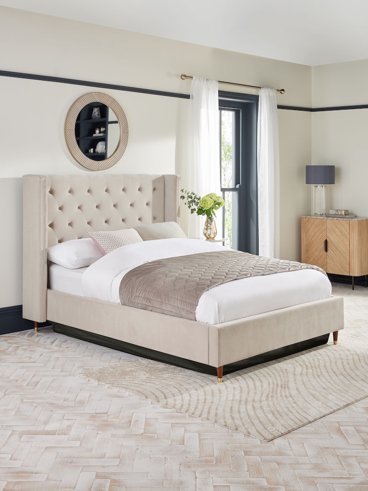 Soft Velvet Natural Pebble Grayson Upholstered Ottoman Storage Bed Frame - Image 1 of 9