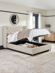 Soft Velvet Natural Pebble Grayson Upholstered Ottoman Storage Bed Frame - Image 2 of 9