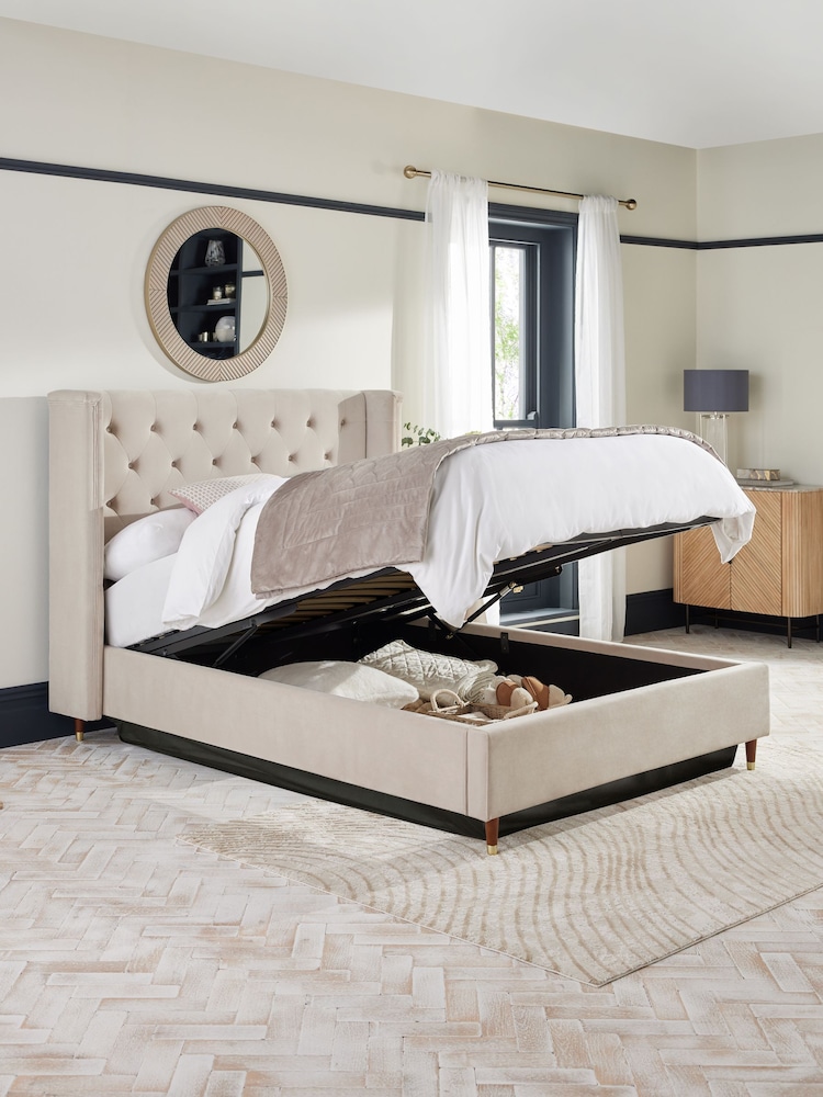 Soft Velvet Natural Pebble Grayson Upholstered Ottoman Storage Bed Frame - Image 2 of 9