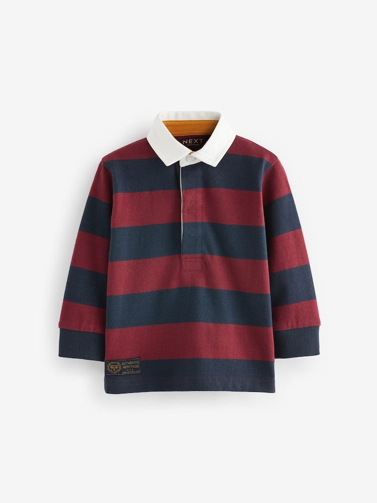 Navy/Red Stripe 100% Cotton Long Sleeve Rugby Polo Shirt (3mths-7yrs) - Image 1 of 4