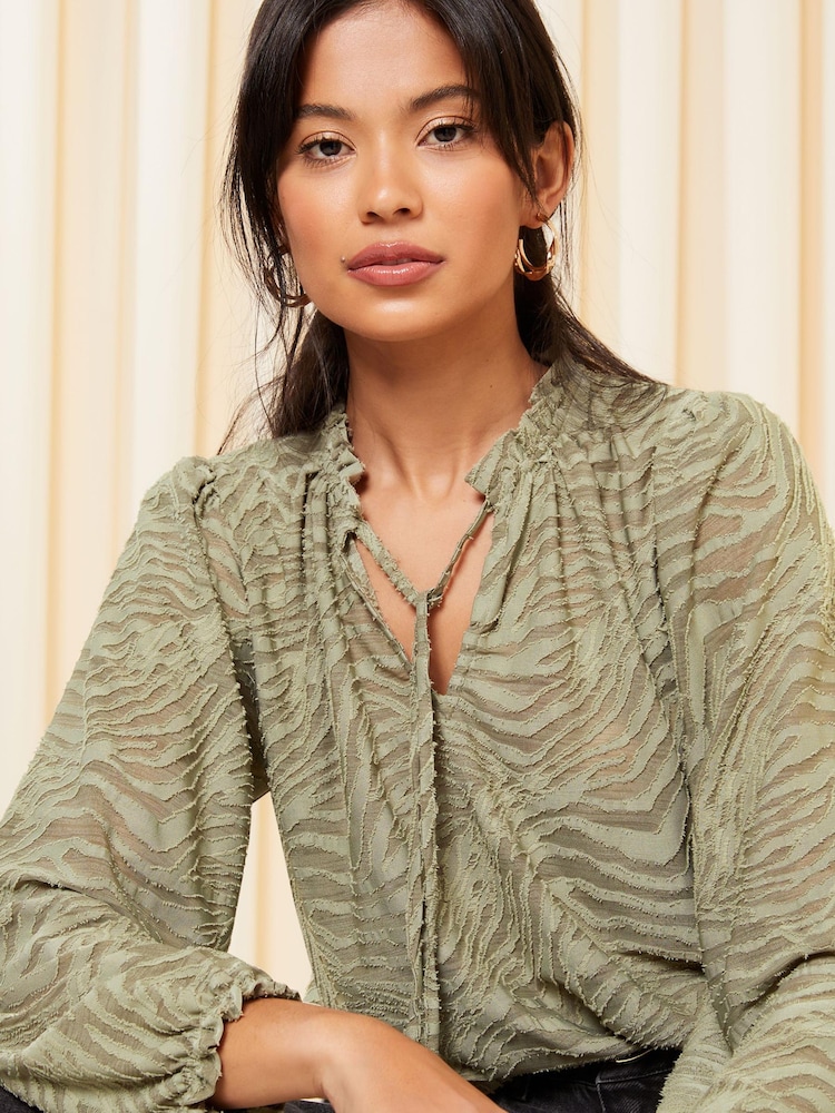 Friends Like These Khaki Green Long Sleeve Textured Jersey Blouse - Image 1 of 4