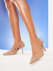 Lipsy Camel Wide FIt Faux Suede Mid Heel Trim Slingback Court Shoe - Image 1 of 4