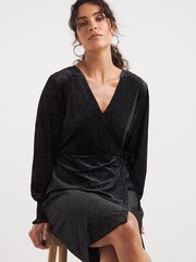 JD Williams Black Velvet Glitter Stripe Wrap Dress - Image 3 of 4