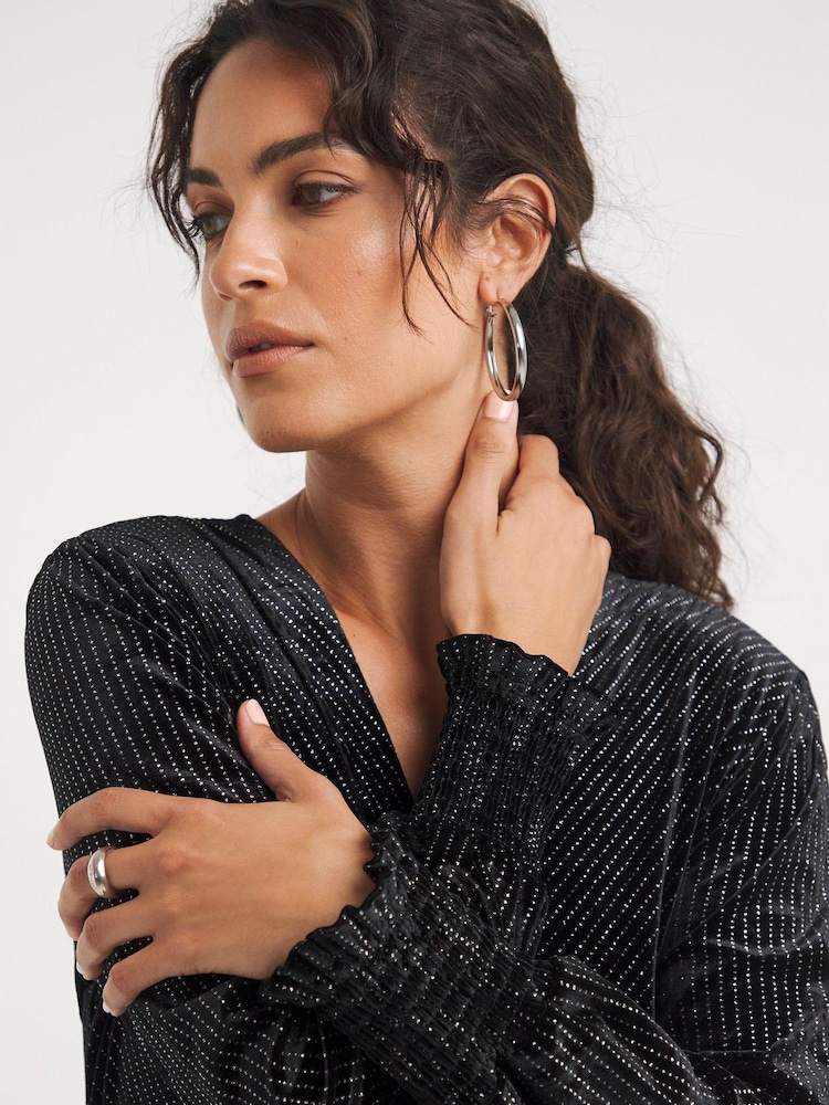 JD Williams Black Velvet Glitter Stripe Wrap Dress - Image 4 of 4