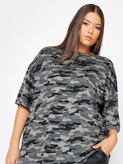 Yours Curve Grey Camo Boxy 100% Cotton T-Shirt - Image 1 of 4