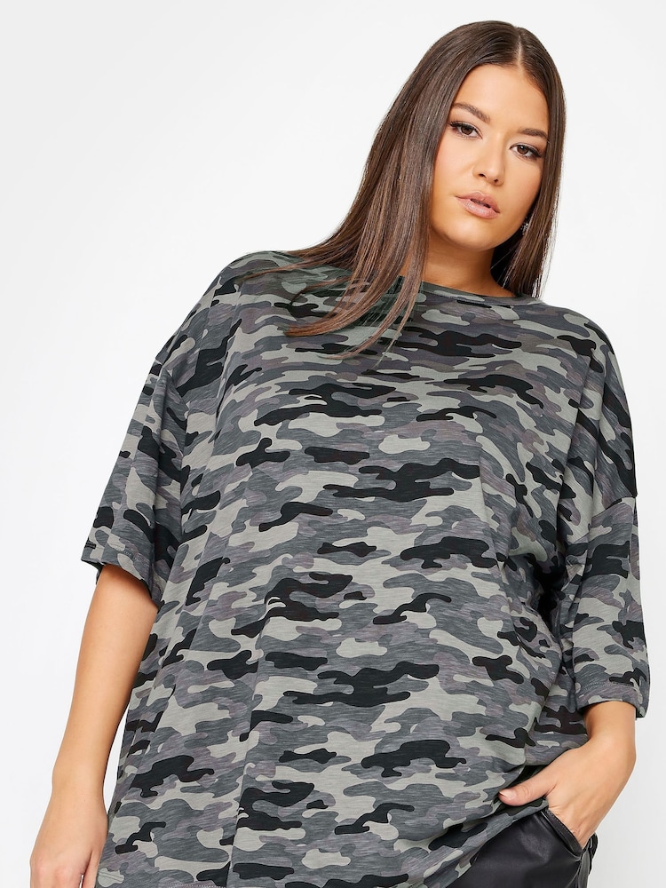 Yours Curve Grey Camo Boxy 100% Cotton T-Shirt - Image 1 of 4 Yours Curve Grey Camo Boxy 100% Cotton T-Shirt - Image 1 of 4