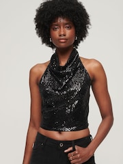 Superdry Black Cowl Neck Halter Sequin Top - Image 1 of 3