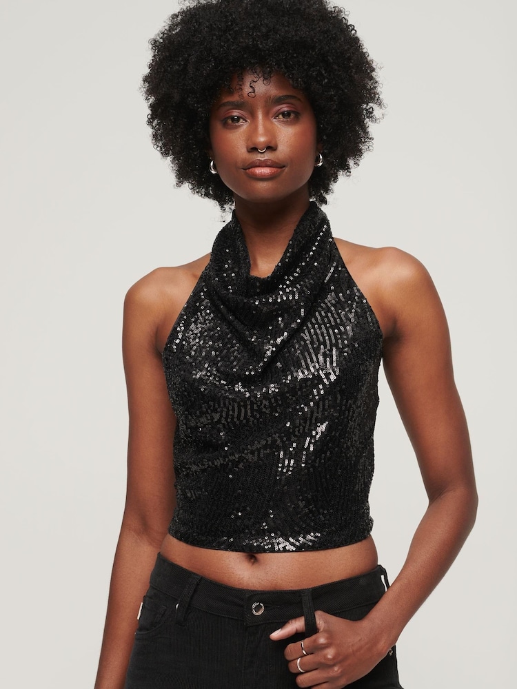 Superdry Black Cowl Neck Halter Sequin Top - Image 1 of 3