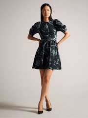 Ted Baker Black Puff Sleeve Saaraih Mini Dress With Belt Detail - Image 1 of 6