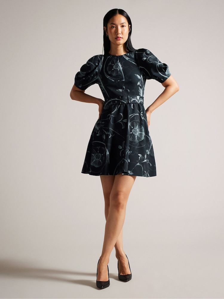 Ted Baker Black Puff Sleeve Saaraih Mini Dress With Belt Detail - Image 1 of 6