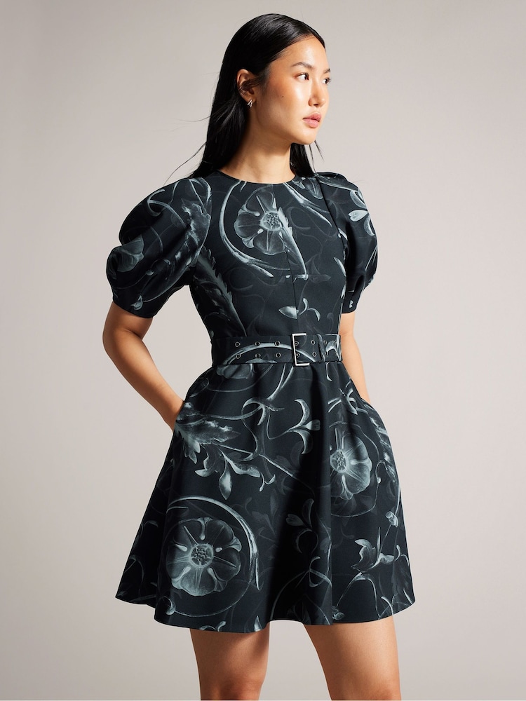 Ted Baker Black Puff Sleeve Saaraih Mini Dress With Belt Detail - Image 2 of 6