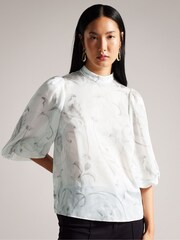 Ted Baker Cream Lilioh High Neck Balloon Sleeve Blouse - Image 1 of 6