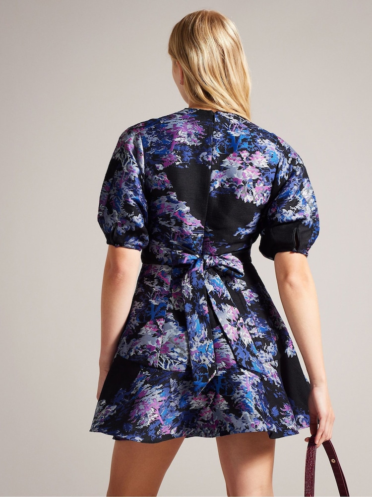 Ted Baker Purple Wilbur Puff Sleeve Jacquard Midi Dress - Image 2 of 5
