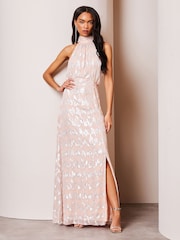 Lipsy Blush Pink Bridesmaid Halter Metallic Split Maxi Dress - Image 1 of 4