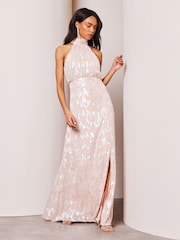 Lipsy Blush Pink Bridesmaid Halter Metallic Split Maxi Dress - Image 3 of 4