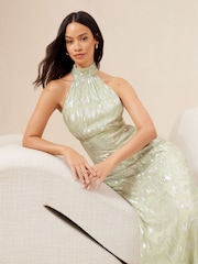 Lipsy Green Petite Bridesmaid Halter Metallic Split Maxi Dress - Image 3 of 4