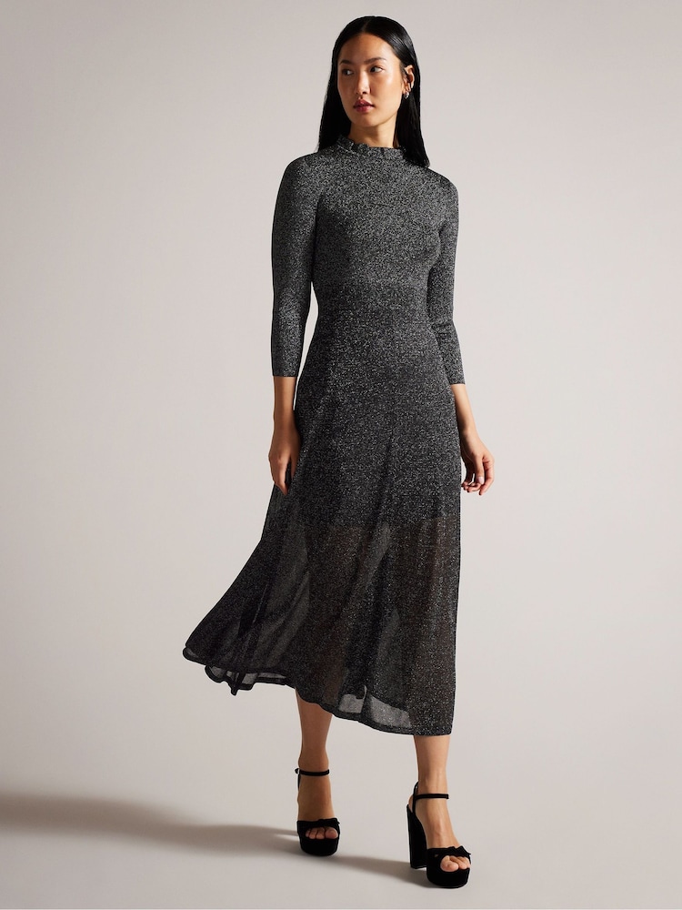 Ted Baker Black Metallic Kannie Knitted Midi Dress - Image 1 of 5