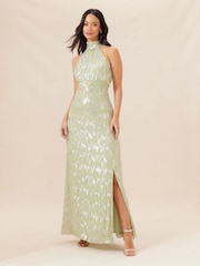 Lipsy Sage Green Bridesmaid Halter Metallic Split Maxi Dress - Image 1 of 4