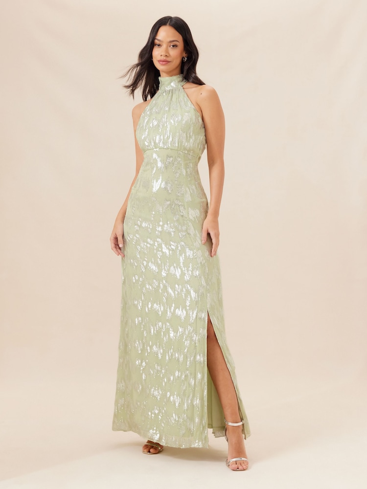 Lipsy Sage Green Bridesmaid Halter Metallic Split Maxi Dress - Image 1 of 4