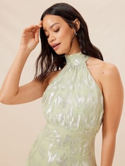 Lipsy Sage Green Bridesmaid Halter Metallic Split Maxi Dress - Image 2 of 4