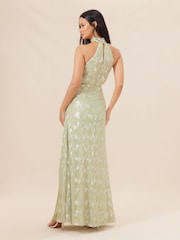 Lipsy Sage Green Bridesmaid Halter Metallic Split Maxi Dress - Image 3 of 4