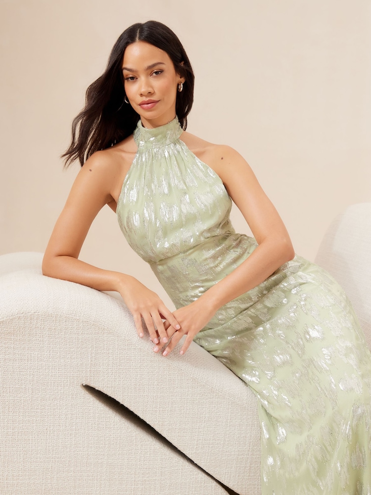 Lipsy Sage Green Bridesmaid Halter Metallic Split Maxi Dress - Image 4 of 4