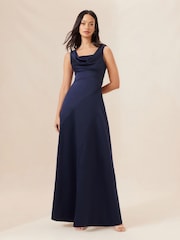 Lipsy Navy Blue Cowl Front Satin Maxi Bridesmaid Dress - Image 1 of 4