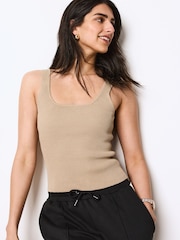 Neutral Brown Linen Square Neck Vest - Image 1 of 6