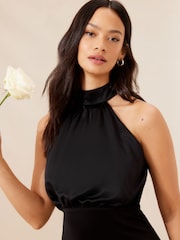 Lipsy Black Halter Neck Empire Bridesmaid Satin Maxi Dress - Image 2 of 4
