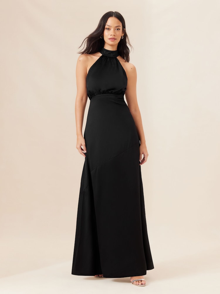 Lipsy Black Halter Neck Empire Bridesmaid Satin Maxi Dress - Image 4 of 4
