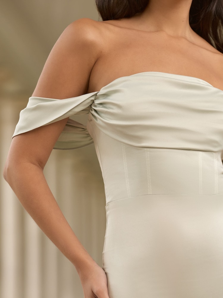Lipsy Cream Satin Bardot Cowl Maxi Dress - Image 4 of 4