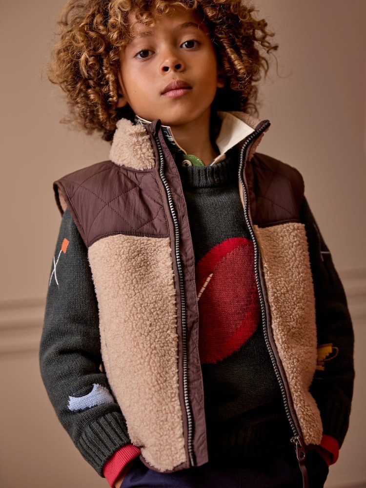 Joules Boys' Eddington Natural & Brown Colourblock Fleece Gilet - Image 1 of 8