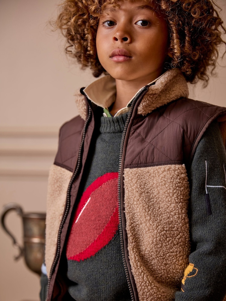 Joules Boys' Eddington Natural & Brown Colourblock Fleece Gilet - Image 2 of 8