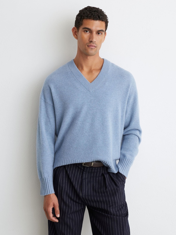 Reiss Soft Blue Alberz Wool-Cashmere V-Neck Jumper - Image 1 of 8 Reiss Soft Blue Alberz Wool-Cashmere V-Neck Jumper - Image 1 of 8