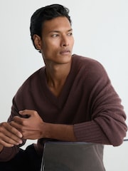 Reiss Chocolate Brown Alberz Wool-Cashmere V-Neck Jumper - Image 1 of 7
