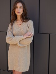 Threadbare Brown Petite V-Neck Knitted Jumper Dress - Image 1 of 4