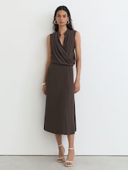 Reiss Dark Grey Gracie Drape-Detail Band-Collar Midi Dress - Image 1 of 8